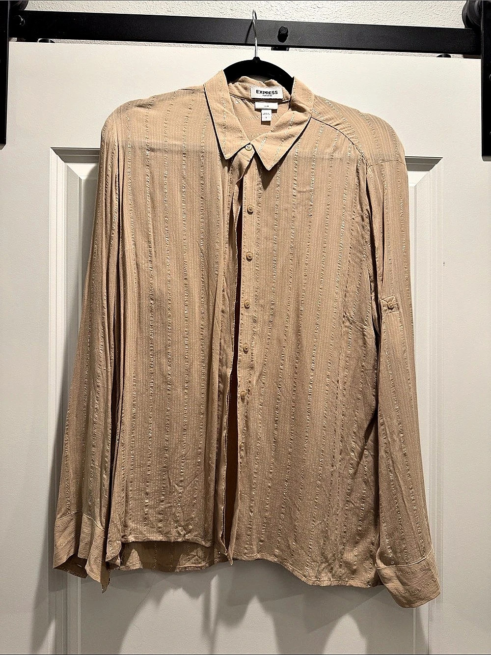 Express Portofino Slim Metallic Striped Shirt Brown Large